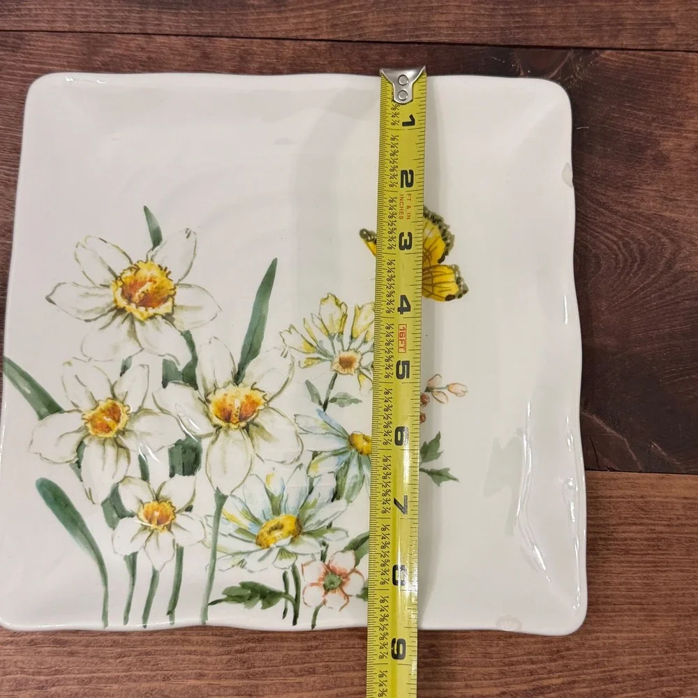 Maxcera Spring Collection Square Floral Plate Butterfly Daffodils Daisy 8.5